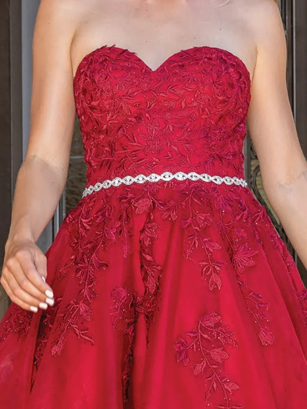 New Burgundy Homecoming Dress w/ Floral Motif & Rhinestones Embroidery DQ 3271